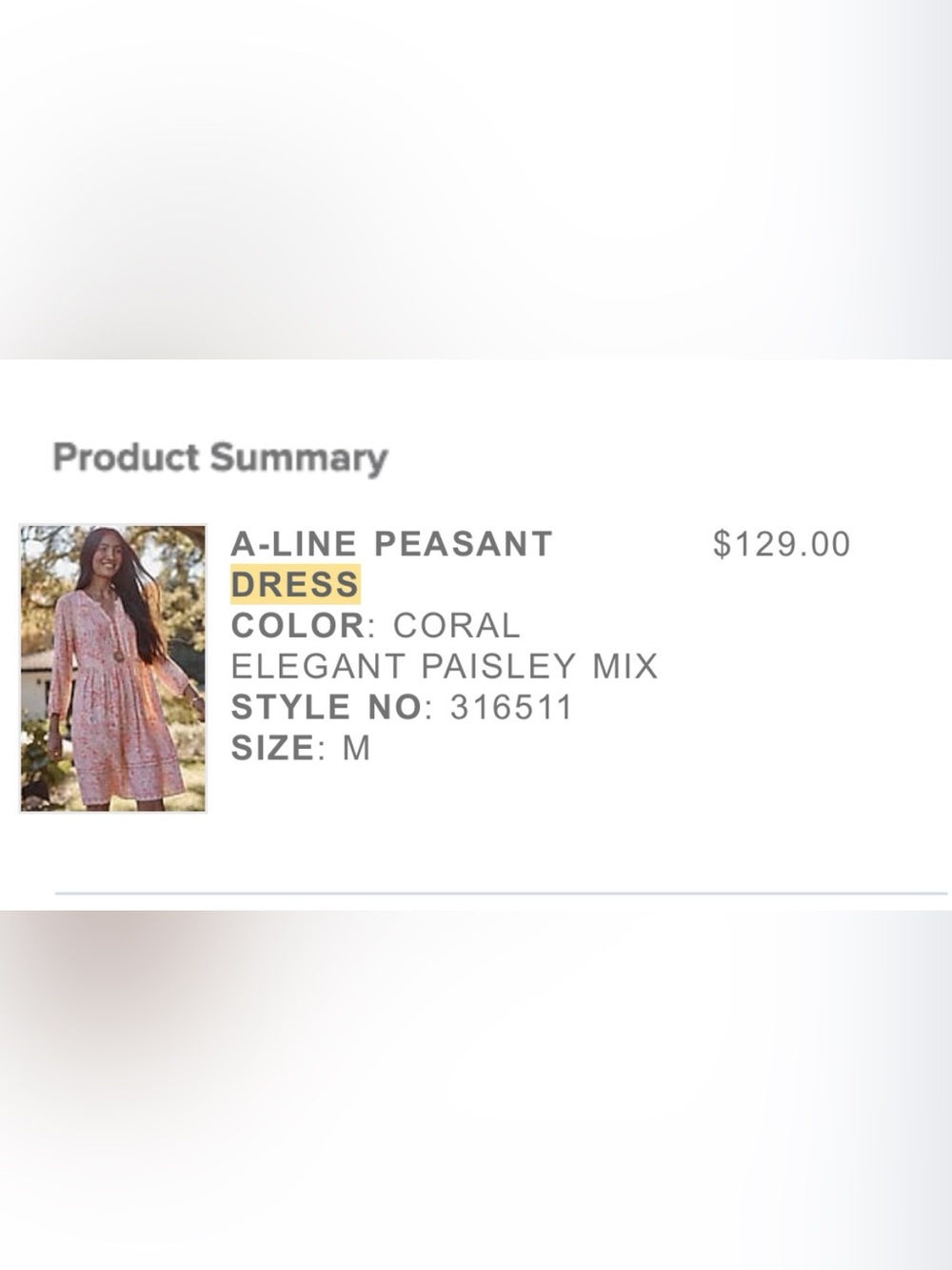 J. Jill Coral Elegant Paisley Mix A-Line Peasant Dress